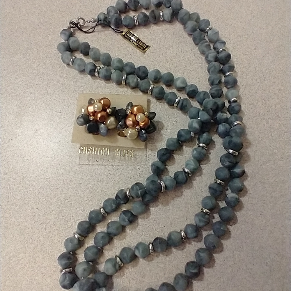 Genuine lucite double stranded necklace & earrings